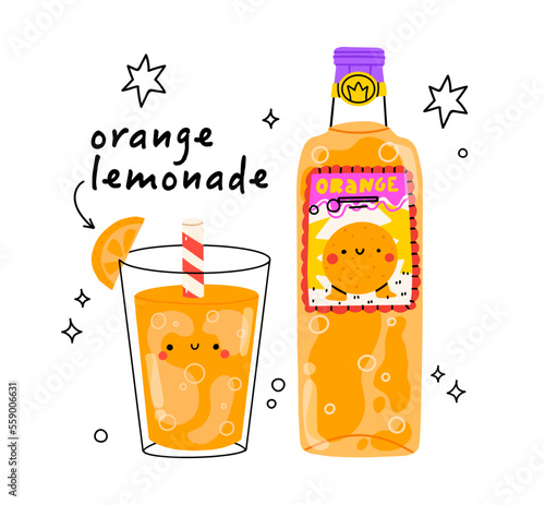 Cute orange lemonade bootle and glass. Isolated. Vector cartoon character hand drawn style illustration. Kawaii smiling lemonade.Hand drawn cute vector for web,design,print