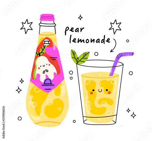 Cute pear bootle and glass. Isolated. Vector cartoon character hand drawn style illustration. Kawaii smiling lemonade.Hand drawn cute vector for web,design,print