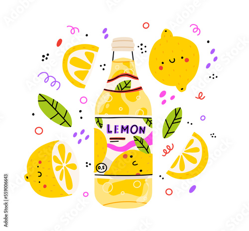 Cute lemon lemonade bootle with cute lemon. Isolated. Vector cartoon character hand drawn style illustration. Kawaii smiling lemonade. Hand drawn cute vector for web,design,print, isolated on white.