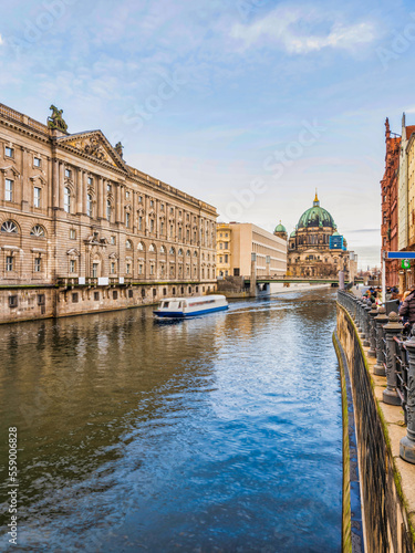 Photography Berlin Cathedral, Spree canal and historic buildings during a blue sky, Germany