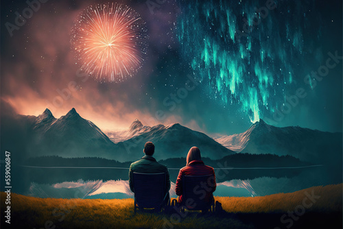 Man and woman watching a beautiful impressive firework. Valentines love concept. Abstract background. Copy space. Family bond love. Generative ai