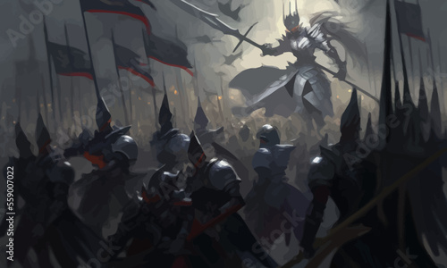 A jubilant army of knights in plate armor with swords and shields responds to the cry of their holy leader, she is a woman with a huge sword and a long cloak hovering in ozduh like an angel. 2d art