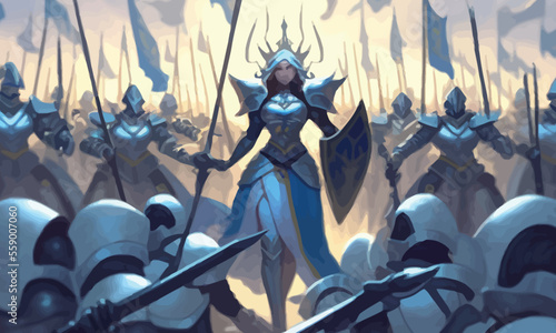 A jubilant army of knights in plate armor with swords and shields responds to the cry of their holy leader, she is a woman with a huge sword and a long cloak hovering in ozduh like an angel. 2d art