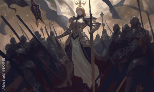 A jubilant army of knights in plate armor with swords and shields responds to the cry of their holy leader, she is a woman with a huge sword and a long cloak hovering in ozduh like an angel. 2d art