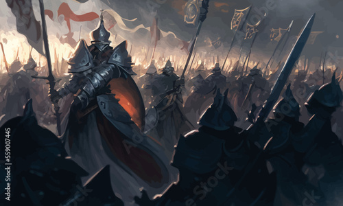 A jubilant army of knights in plate armor with swords and shields responds to the cry of their holy leader, she is a woman with a huge sword and a long cloak hovering in ozduh like an angel. 2d art