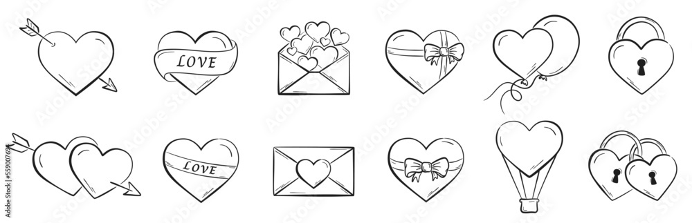 sketchy valentines hearts set. romantic and love symbols. valentine's day design - obrazy, fototapety, plakaty 