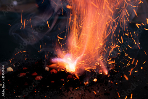 Obraz na płótnie fire in dark. explosion black powder.