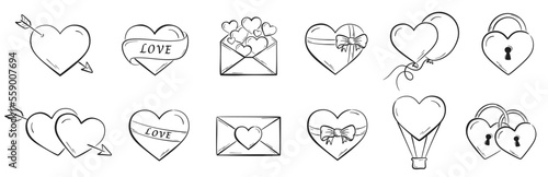 sketchy valentines hearts set. romantic and love symbols. valentine's day design