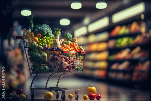 Einkaufswagen voller gesunder Lebensmittel im Supermarkt. Gute Vorsätze zum Jahreswechsel.  photo