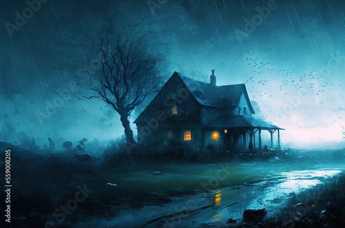 haunted house in the rain. Generative AI picture. © Ilona