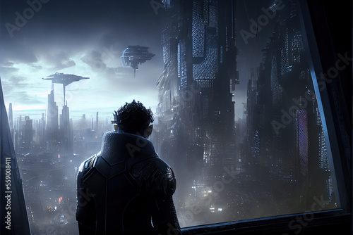 Man wearing cyber suit looks out of window at futuristic city at night, generative AI
