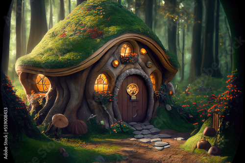Vintage fairy tale house with flowers and lights in dark fantasy forest in summer