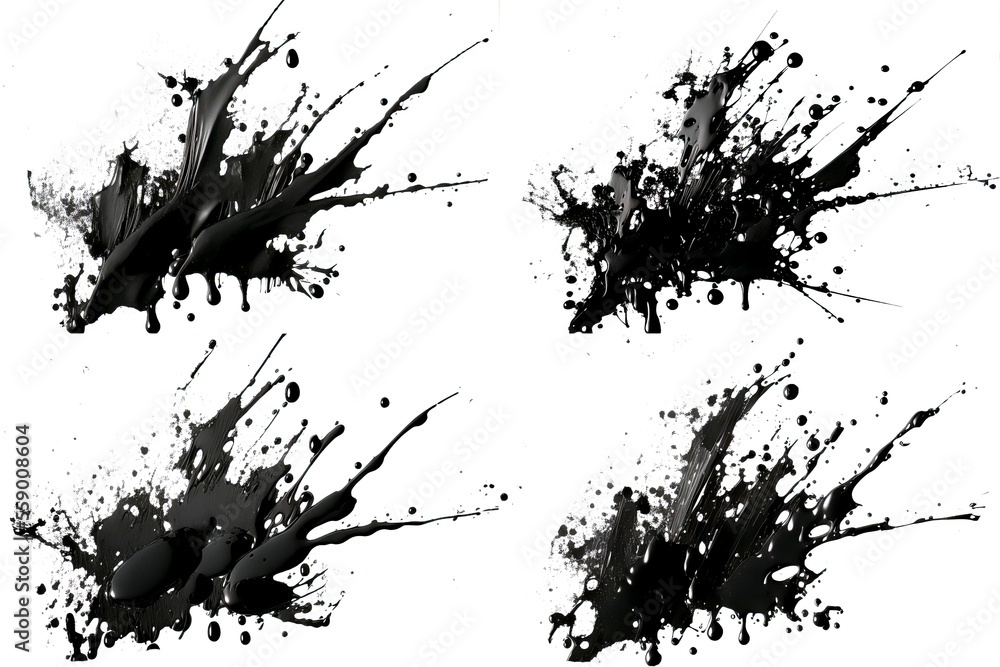 Naklejka premium 4 Ink paint splash brushes. Black inked splatter paint splattered spray splash. Spray paint isolated on White Background. Drips black ink splatters, Ink blots set.