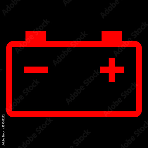 Red vector graphic on a black background of a dashboard warning light for a problem with the battery