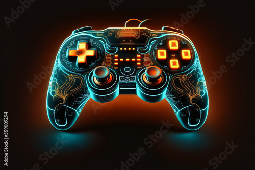 Neon-stylized gamepad in a unique design. Future of gaming. Console gaming. G...