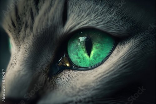 close up shot of a green evil cat eyes, generative ai