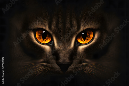  evil orange cat eyes glowing in dark, generative ai