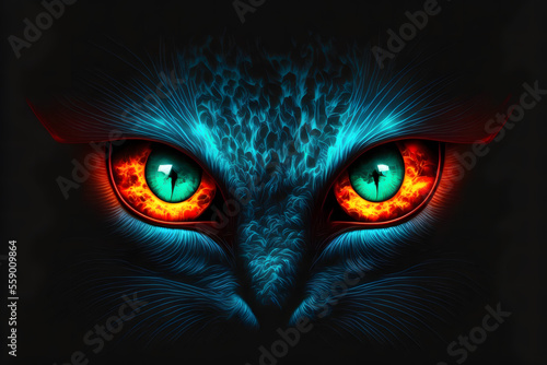 neon color, blue and orange evil cat eyes, generative ai