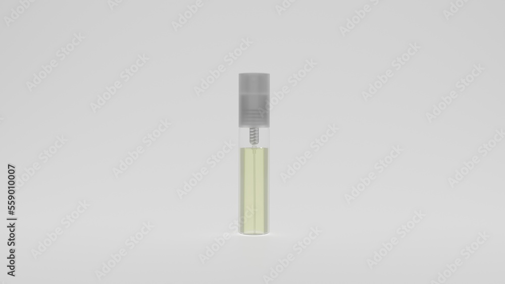 Small plastic transparent bottle for perfume with liquid isolated on white background. Cosmetic concept. 3D render Small plastic transparent bottle for perfume with liquid isolated on white background. Cosmetic concept. 3D render