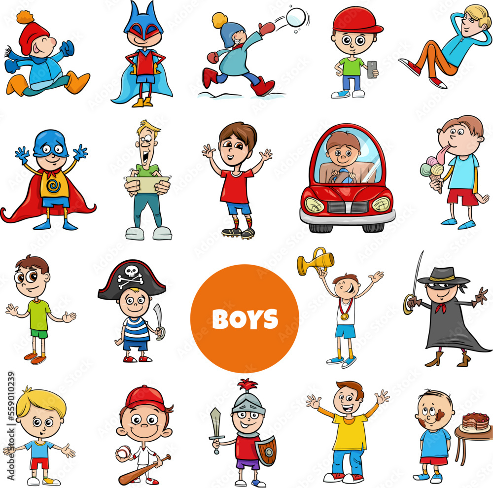 cartoon teen and elementary age boys characters set