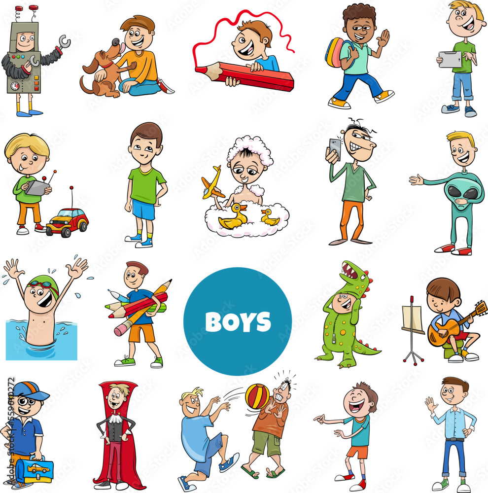 cartoon teen and elementary age boys characters set