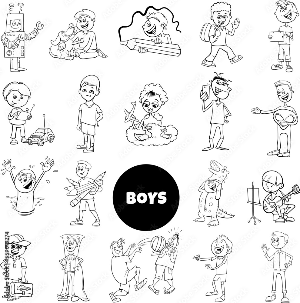 cartoon teen and elementary age boys set coloring book