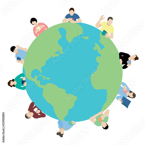 Portraits of people with cups in their hands around planet Earth, flat vector isolated on white, faceless illustration, cafe concept, planetary scale tea party