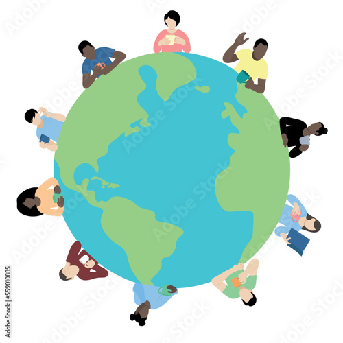 Portraits of people with cups in their hands around the globe, flat vector, isolated on white, faceless illustration, cafe concept, planetary scale tea party, people with different skin colors
