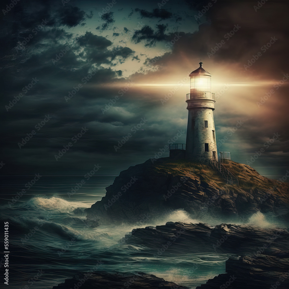 A lonely lighthouse at night on a snowy island reflected in a frozen ocean, cloud sky above, fantasy landscape illustration, Generative AI.