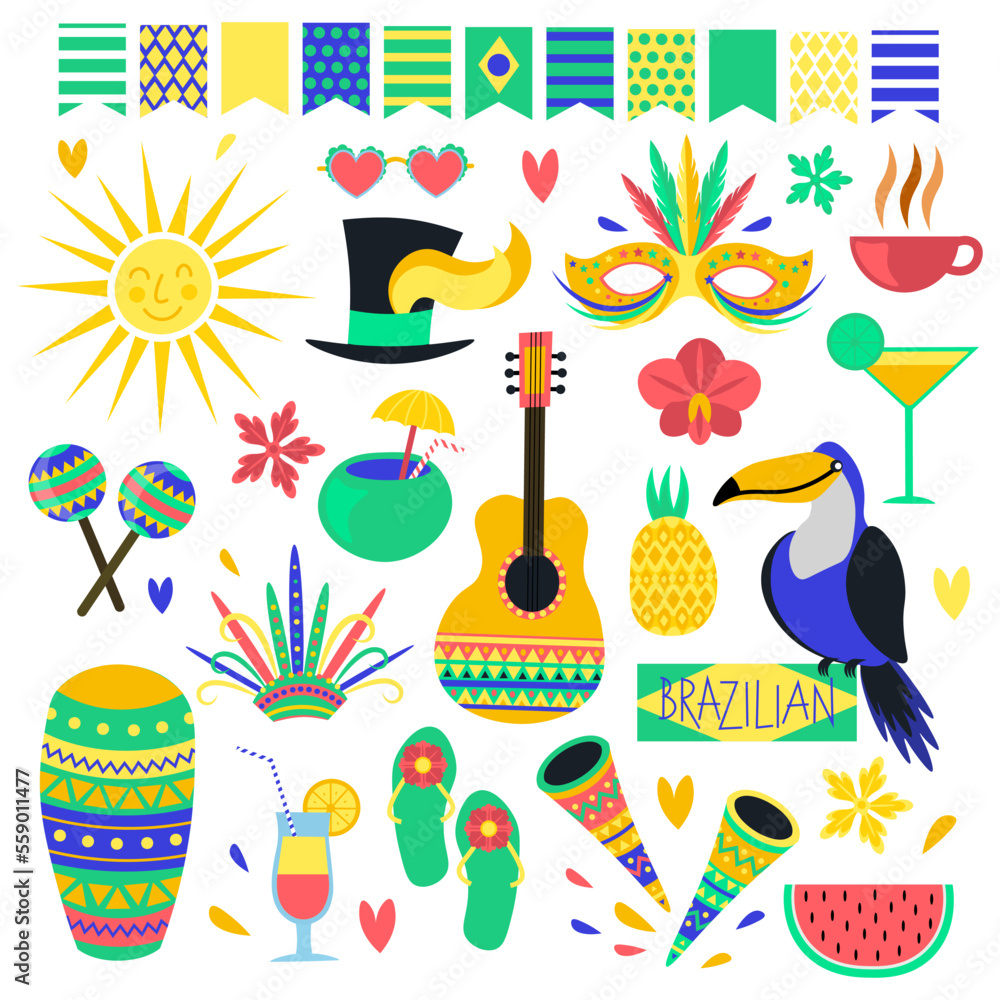 Naklejka premium Brazilian Carnival Fiesta Holiday set. South America Birthday decorations 
