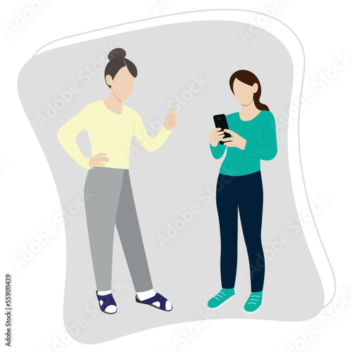 Mom scolds her daughter, who is standing next to the phone in her hands, parenting teenagers, flat vector, isolate on white