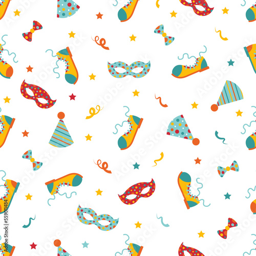 Circus Birthday or Holiday Party seamless pattern. Carnival Theme Wrapping or Gift paper. Clown boots and masks on white background. 