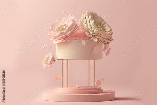 3d podium display for product photography with a stone turntable with abstract roses. For product photography background Generative ai