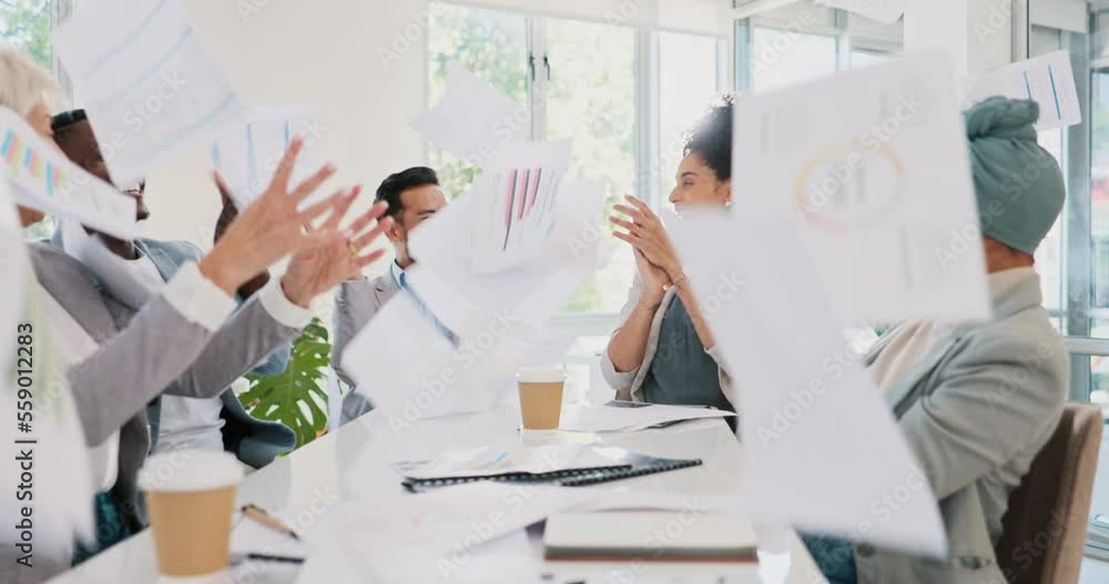 Business people, throwing paper or success meeting in winner finance planning, company growth goals or target motivation. Happy smile, flying documents or excited financial teamwork in diversity kpi Business people, throwing paper or success meeting in winner finance planning, company growth goals or target motivation. Happy smile, flying documents or excited financial teamwork in diversity kpi