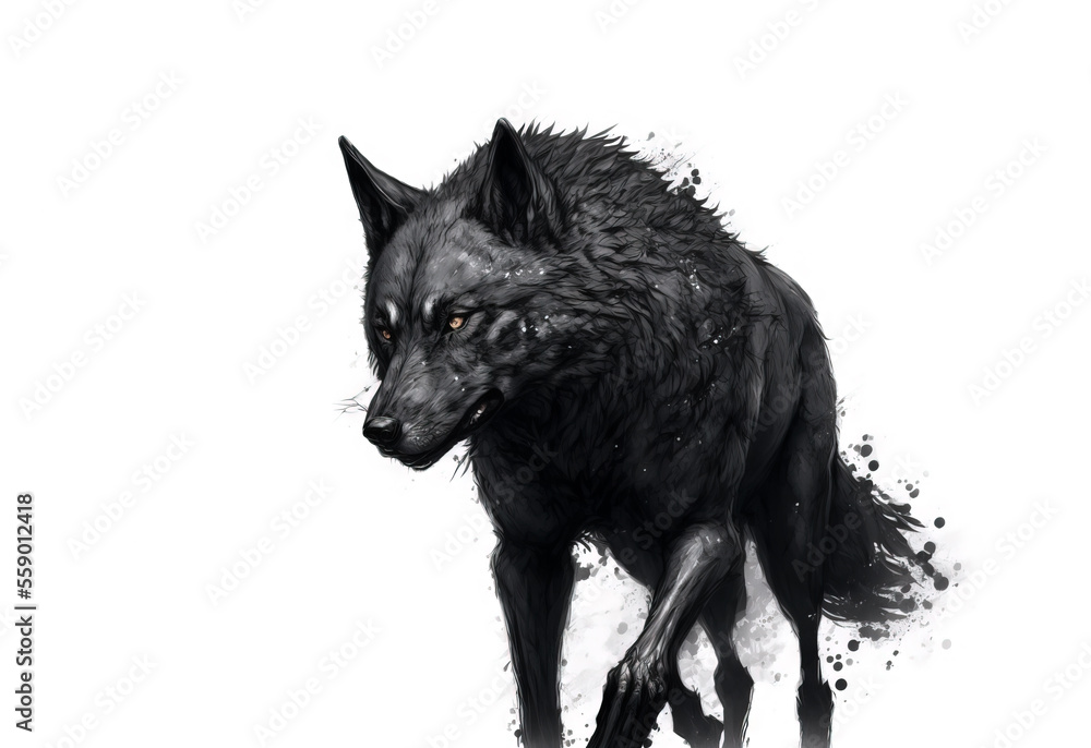A drawing of an aggressive alpha black wolf on white background. This