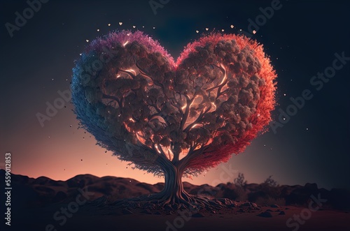 Heart in the shape of a tree. A tree shaped like a heart on top of a hill. Generative AI. © ART IS AN EXPLOSION.