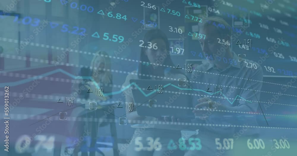 Animation of stock market data processing over diverse colleagues discussing over laptop at office Animation of stock market data processing over diverse colleagues discussing over laptop at office