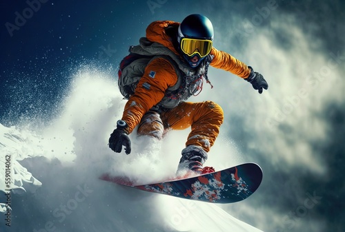 illustration of close up snowboarder in motion with beautiful nature landscape of winter season snow mountain 