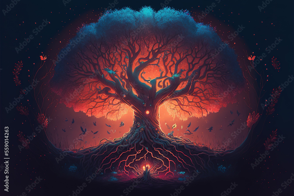 Tree of life with leaves roots symbol for the life and the connection