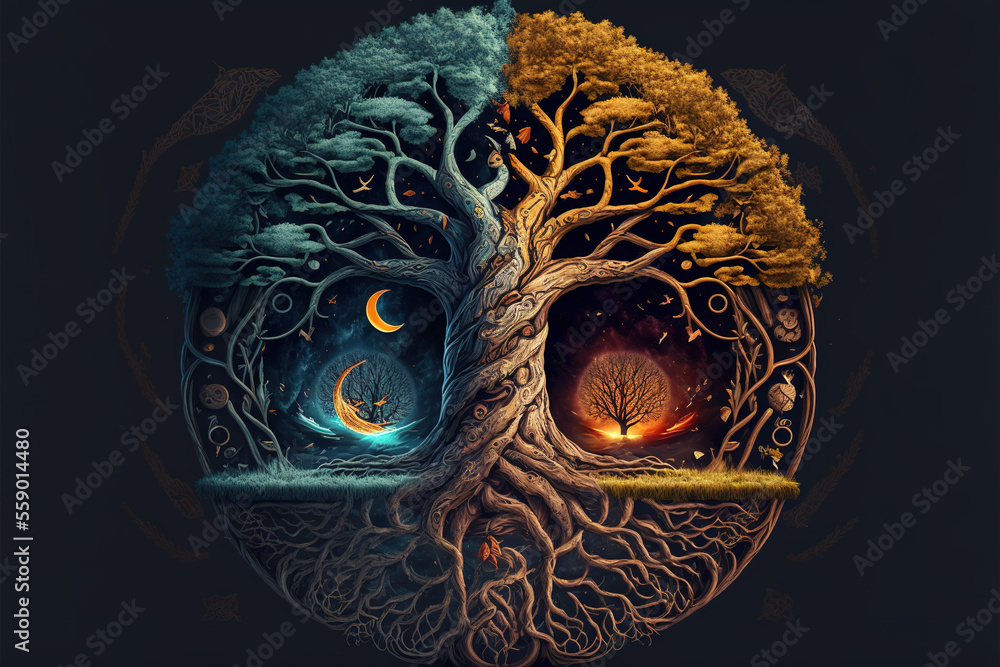Ying yang concept of balance Yggdrasil tree of life norse mythology. Balance concept. Generative ai - obrazy, fototapety, plakaty 