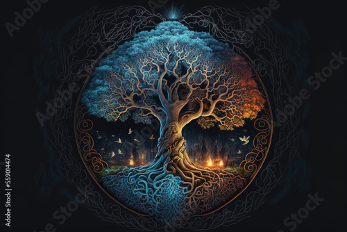 Ying yang concept of balance Yggdrasil tree of life norse mythology. Balance concept. Generative ai photo