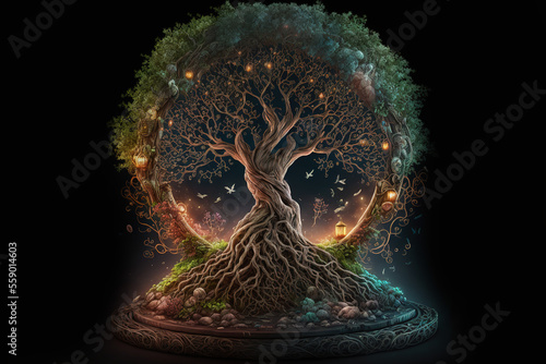 Beautiful illustration of magic tree of life, sacred symbol. Personal individuality, prosperity and growth concept. Yggdrasil tree from norse mythology. Generative ai