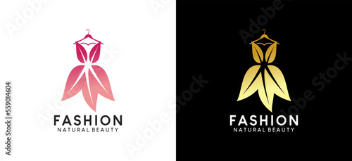 Dazzling woman beauty fashion dress logo design with leaves concept