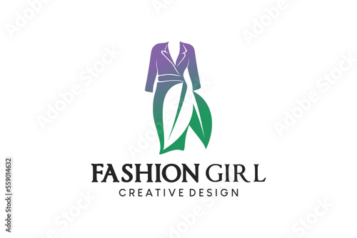 Beauty fashion dress logo design with creative leaf concept