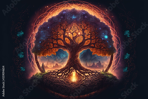 Stampa su tela Tree of life Yggdrasil norse mythology, center of universe