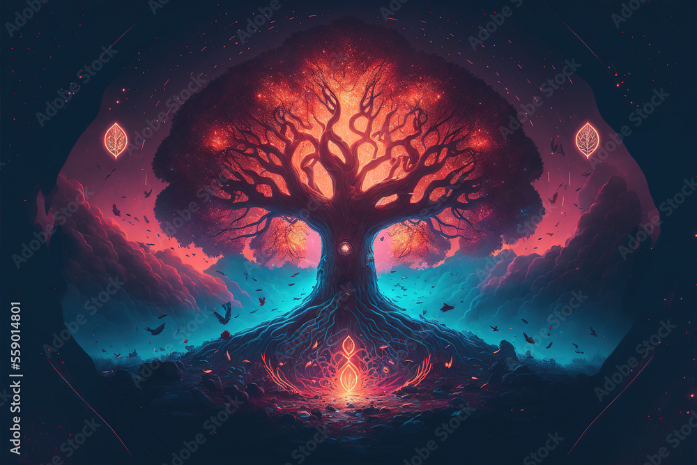 Tree of life Yggdrasil norse mythology, center of universe. Magical divine tree of immortality in a fabulous heavenly forest. Sacred source of the planet life. 3d illustration. Generative ai - obrazy, fototapety, plakaty 