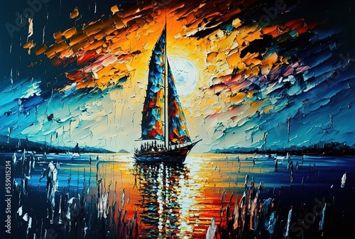 oil paint style illustration of seascape with yacht, Generative AI