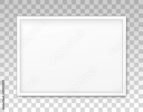 Mockup white frame photo on wall. Mock up picture framed. Horizontal boarder with shadow. Empty photoframe isolated on transparent background. Design border prints poster and painting image. Vector