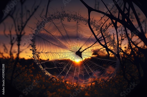 illustration of beautiful spider web against sunset or sunlight in nature landscape