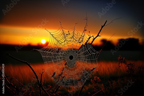illustration of beautiful spider web against sunset or sunlight in nature landscape